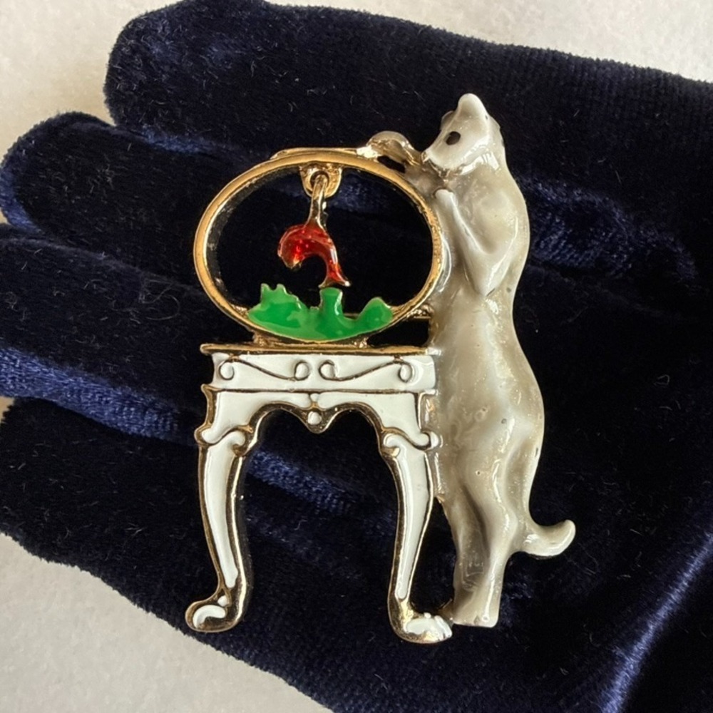 Whimsical Cat Fishbowl Brooch White Enamel Gold Tone Dangling Fish Novelty Pin
